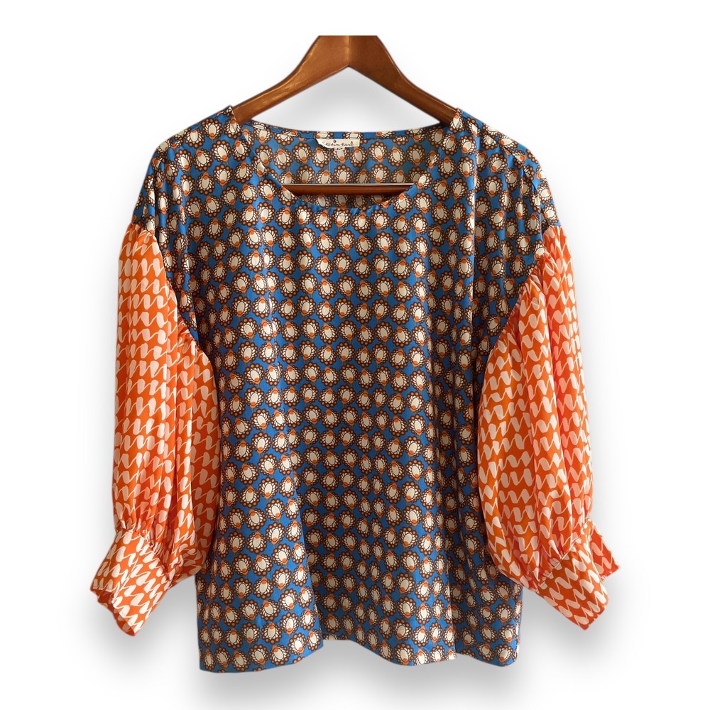 Cousin Earl Mixed Print‎ Puff Sleeve Blouse Blue Orange Geometric Floral NWT